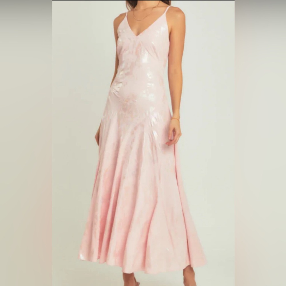 INNER GLOW FOIL PRINT PINK SLIP DRESS long and beautiful